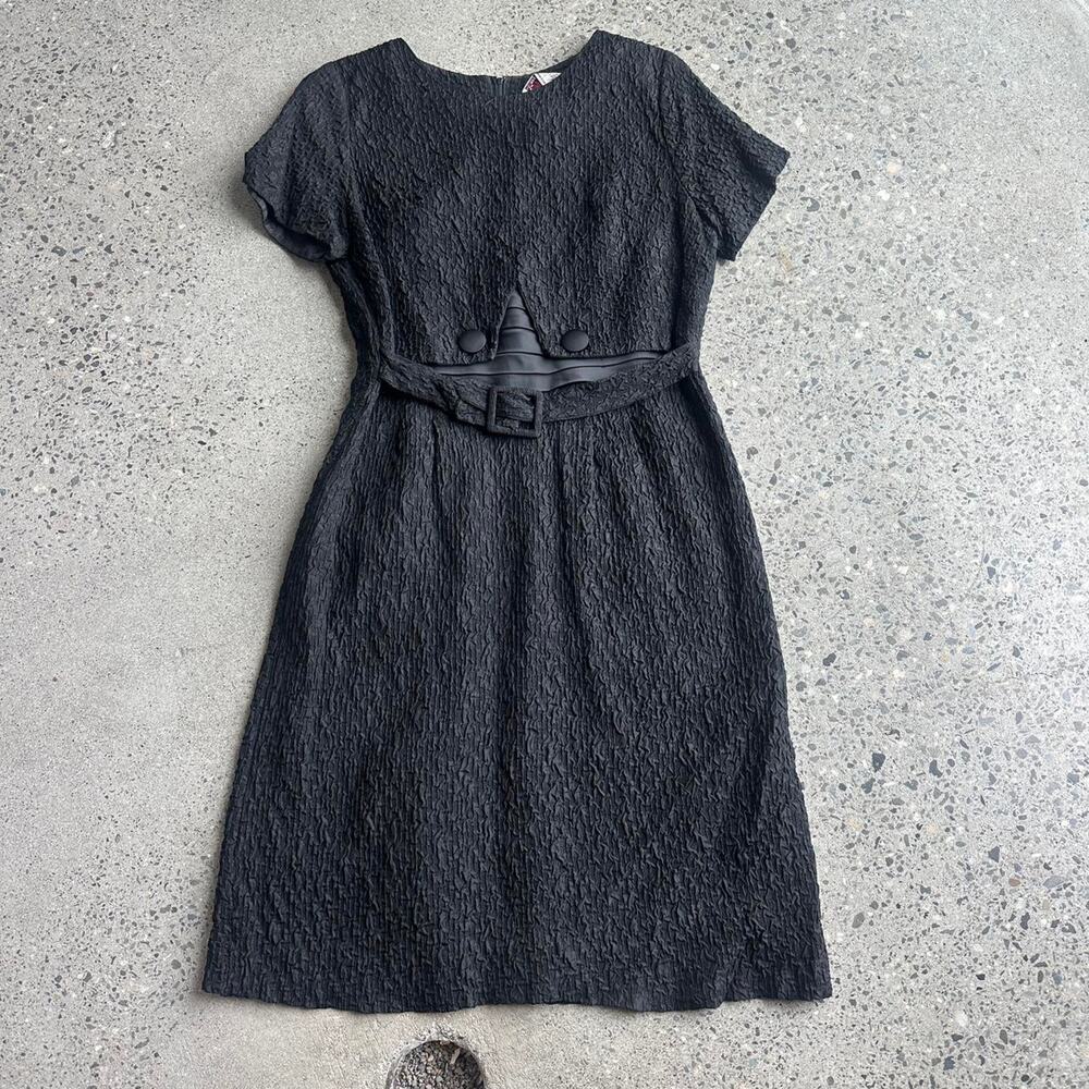 Classic Lady Women’s Medium Black Textured Belted Vintage Dress Cocktail Evening